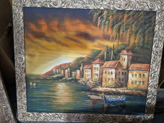 Framed Oil Painting Mediterranean Coastal Village