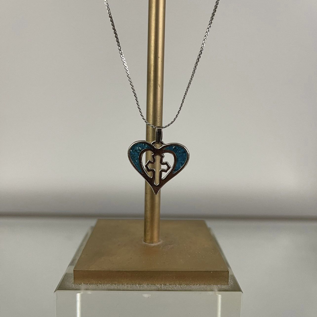 Vintage Turquoise Stone Cross In Heart Necklace NEW