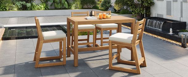 TREXM 5-Piece Rustic Patio Bar Set, Patio Table and Chairs Set with Ergonomic Chairs, Solid Wood Slatted Tabletop for Poolside, Balcony, Backyard, Por