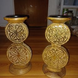 New Wooden Tall Candle Holder Decor - Set Of 2