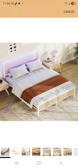 GAOMON Full White Rattan Bed Frame with LED Lights, Modern Rattan Platform Bed Frames with Headboard, Heavy Duty Bed Frame with Metal Slat Support, No