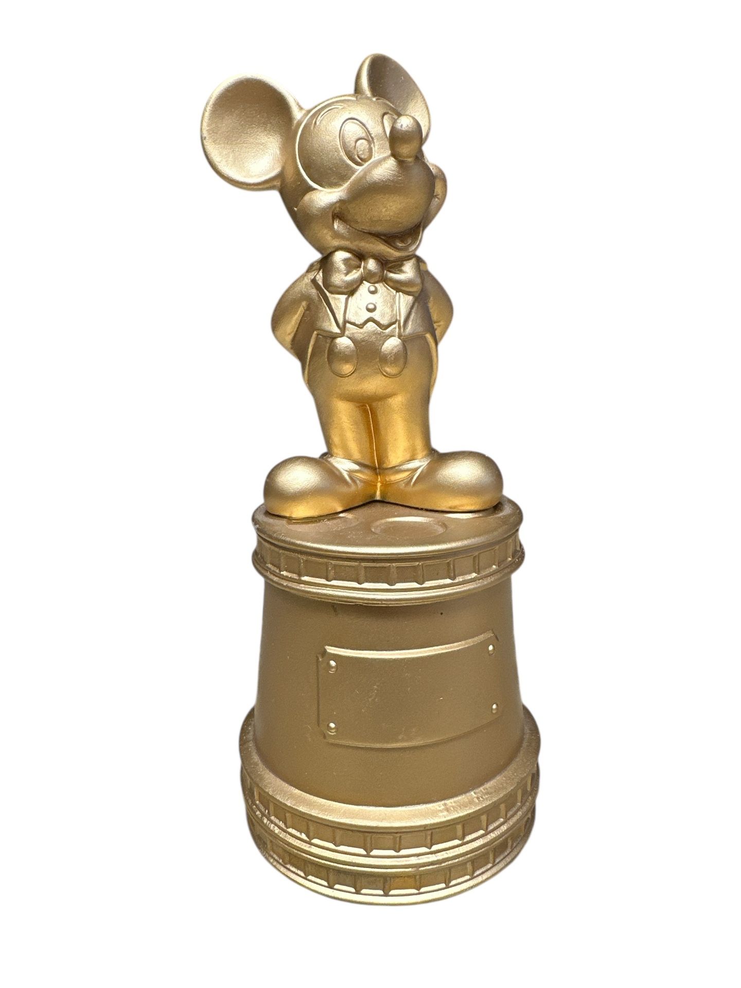 Rare Disney Japan Mickey Mouse Gold Ceramic Award Trophy Figurine Statue. This 7” collectible item features Mickey Mouse in a tuxedo standing on a bas
