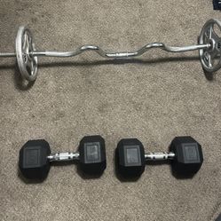 Weights Two Dumbbells 35 Pounds Each One Curl Bar 2x 10 Pound Weights Plus Bar