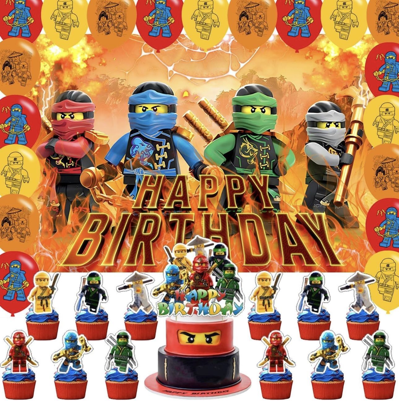 Ninjago Lego Birthday Backdrop, cake & cupcake toppers, balloons