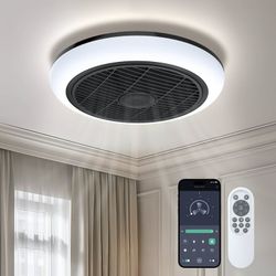 BLITZWILL 16'' Ceiling Fan with Light, 6-Speed Reversible, Dimmable LED Timing with Remote & APP Control, Modern Bladeless Flush Mount Ceiling Fan, Bl