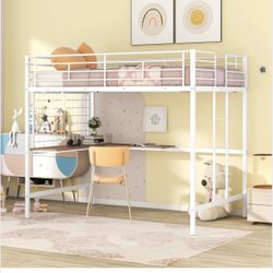 Full Metal Loft Bed w/ Desk & Metal Grid, White