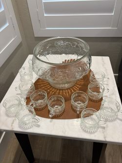 vintage Jeannette Glass Fruit Clear pressed glass punch bowl and 12 cups embossed mid-century 