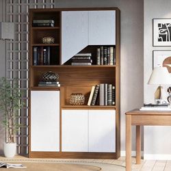 Bookcase with Doors, Tall File Bookshelf with Power Outlet & Printer Stand, 9-Tier Adjustable Booksh
