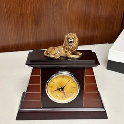 Vintage Wooden and cast bronze Table Top clock with Lion Figure