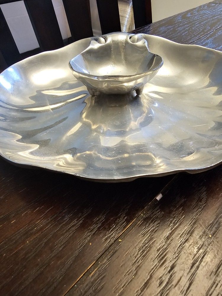 $45.00 - Mexican Pewter Clam Shell & Scalloped Serving Platter - 2pcs! MEIGA BRAND/Great Condition!