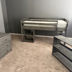 Gray Loft Bed Set w/ Desk, Dresser & Shelves – Full setup