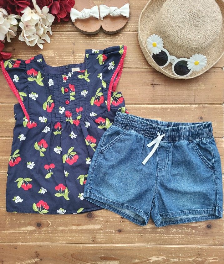 SIZE 9-12 GIRLS 2-PIECE OUTFIT CHERRY PRINT COTTON TUNIC W/CHAMBRAY SHORTS