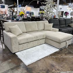 Beige Color Pull-Out Sleeper Sectional, Corduroy Fabric, SKU#108012