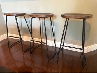 Set of 3 Modern Wood & Black Metal Bar Stools – Like New