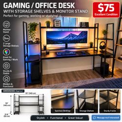 Gaming / Office Desk with Storage Shelves & Monitor Stand