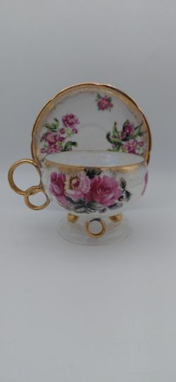Unique Vintage Handpainted Original Napco Pearlescent 3-Footed Cup & Saucer Made In Japan