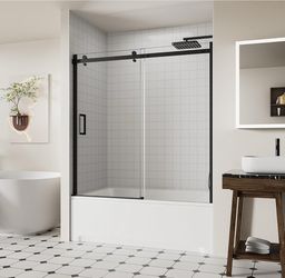 ACE DECOR 56-60" W x 58" H Frameless Bathtub Sliding Doors, Glass Shower Door for Tub with 5/16" (8mm) Clear SGCC Tempered Glass, Matte Black Finish S