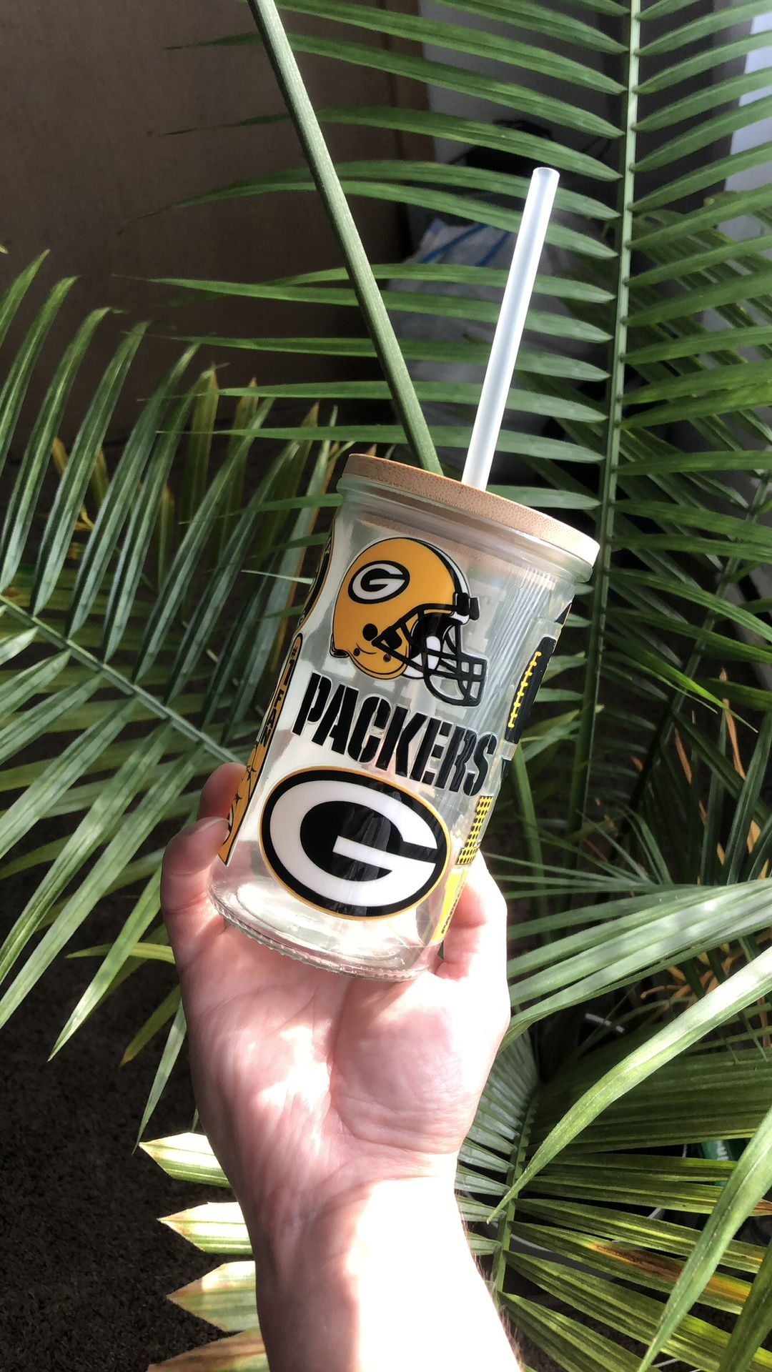 GreenBay Packers Libby Glass Cup With Bamboo Lid And Straw