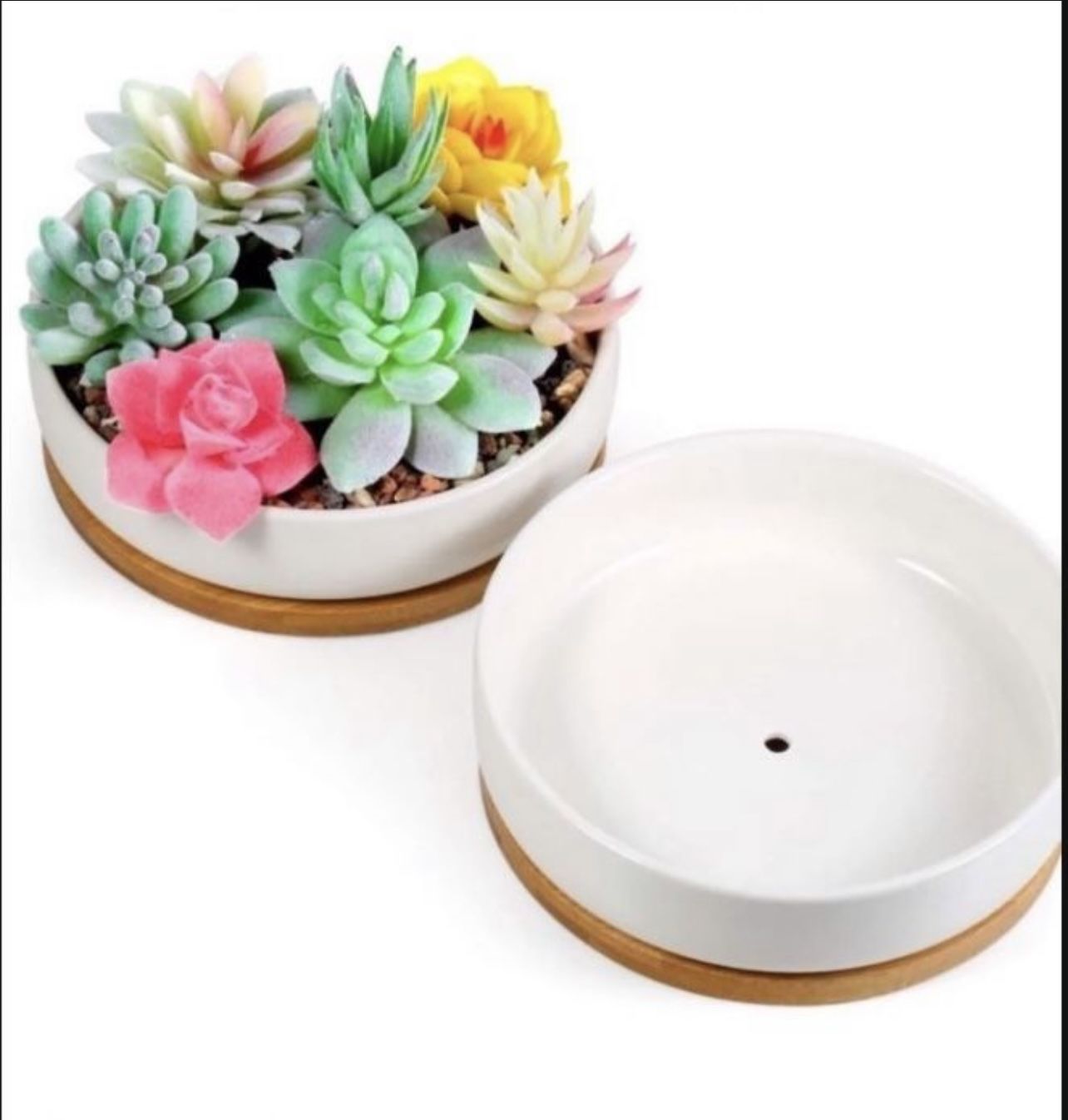 Binwen 6.3 inch round Ceramic White Large Succulent planters Indoor Succulents Pots with Drainage Bamboo Trays