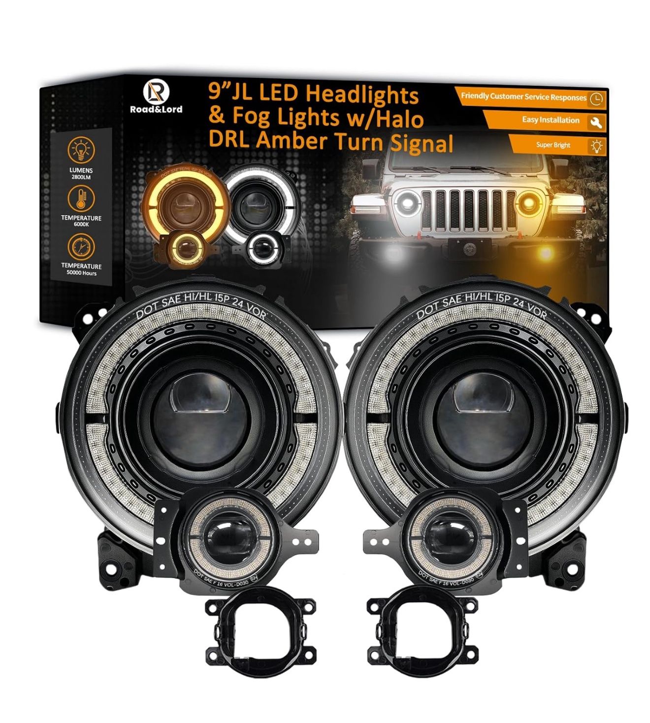 9 Inch LED Headlights 9'' led JL Headlight Z-Shaped Halo DRL with Fog Lights Compatible for 2018-2025 Jeep Wrangler JL JLU Unlimited Sport Rubicon Sah