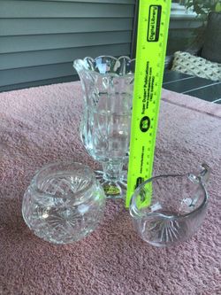 Vintage Crystal Glassware Set Vase Creamer Bowl Crafted Etched Glass 