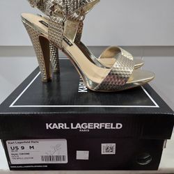 Karl Lagerfeld Paris Women's Cieone 9 Leather Heels Sandals Gold Metallic