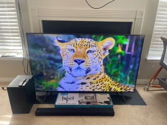 60” SAMSUNG 4K SMART UHD LED TV + SAMSUNG SOUNDBAR & WIRELESS SUBWOOFER + BRAND NEW FULL MOTION WALL MOUNT + BRAND NEW LED LIGHTS