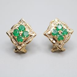 18K Yellow Gold Natural Emerald & Diamond Clipons Pair Earrings