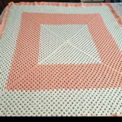 Afghan Hand Crocheted Afghan 50" x 50" Light Coral & Sugar Cookie 100% Acrylic 50 x 50 Loops & Threads Lt. Coral and Bernet Sugar & Cream. machine was