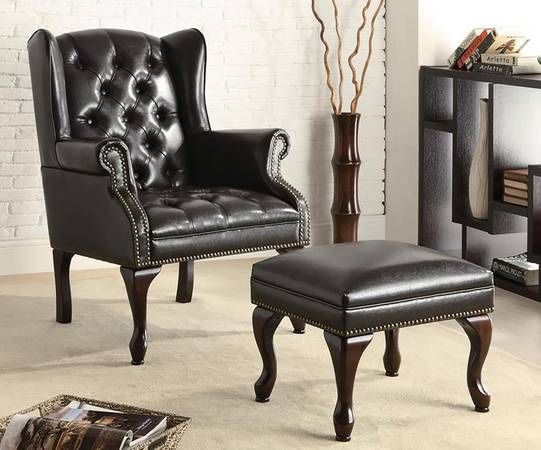 **BIG SALE** Classic Wingback Chair and Ottoman Set in Black Leatherette!  ONLY $299 Was $499!
