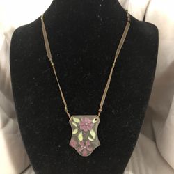 Purple &Green Enamel Pendant Necklace Sheer Cord  9 1/2” Drop Excellent Condition 