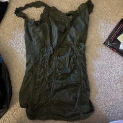 Lace Trim Olive Green Sleeveless Shirt with Ruched Details