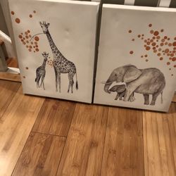 2 Canvas Wall Art Giraffes And Elephant 