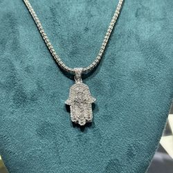 14K White Gold Ice Chain – 24” with Natural Diamond Hamsa Pendant (3mm Chain)