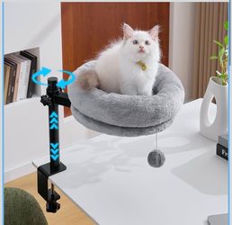 Cat Desk Bed for Indoor Cats, Kitty Bed for Worktable Supports 44 lbs, 360° Rotation & Adjustable, Soft Cat Nest Desktop with Hanging Ball for Office 