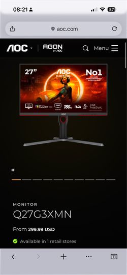 27” 1440p 180hz AOC Gaming Monitor (Q27G3XMN)