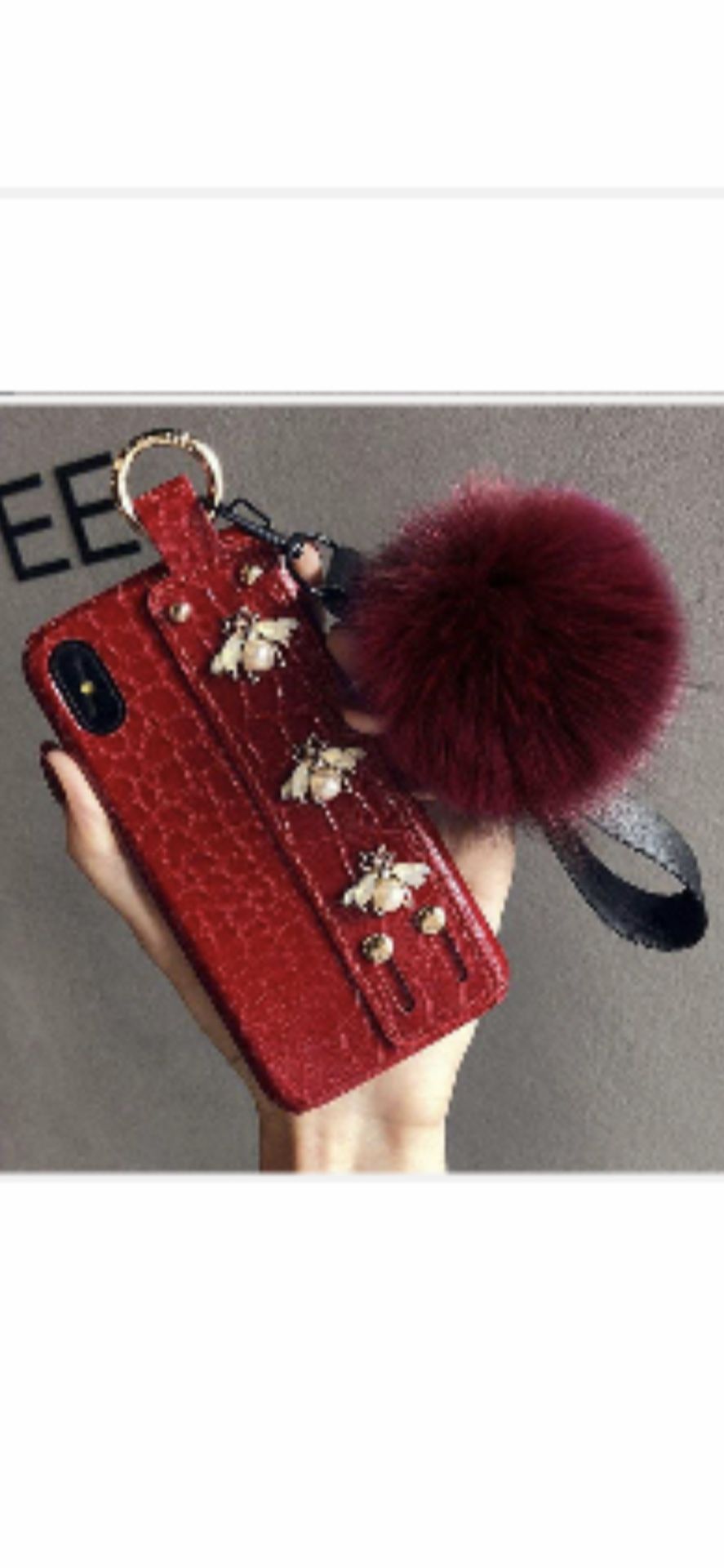 Luxury 3D pearl bee animal leather goddess wrist strap bracket hard cover for iphone