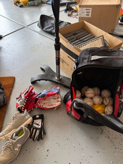 T-ball, youth baseball gear. Bag, bat, gloves, wiffle balls, Tanner Tee, Franklin hitting net, cleats