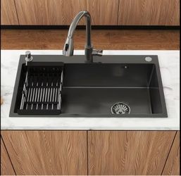 30 Inch Black Stainless Steel Workstation Single Bowl Kitchen Sink with Pull-out Faucet, Drying Rack & Drain Kit, One-step Installation