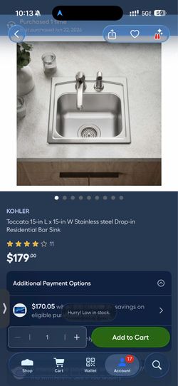 KOHLER Toccata 15” Stainless Steel Drop-In Bar Sink – Brand New