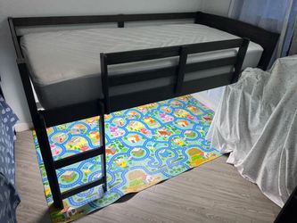 Twin Low Loft Bed Frame with Ladder included mattress with cover, and 2pcs storage shelves
