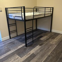 Twin Metal Loft Bed W/ Shelves, Mattress Included 