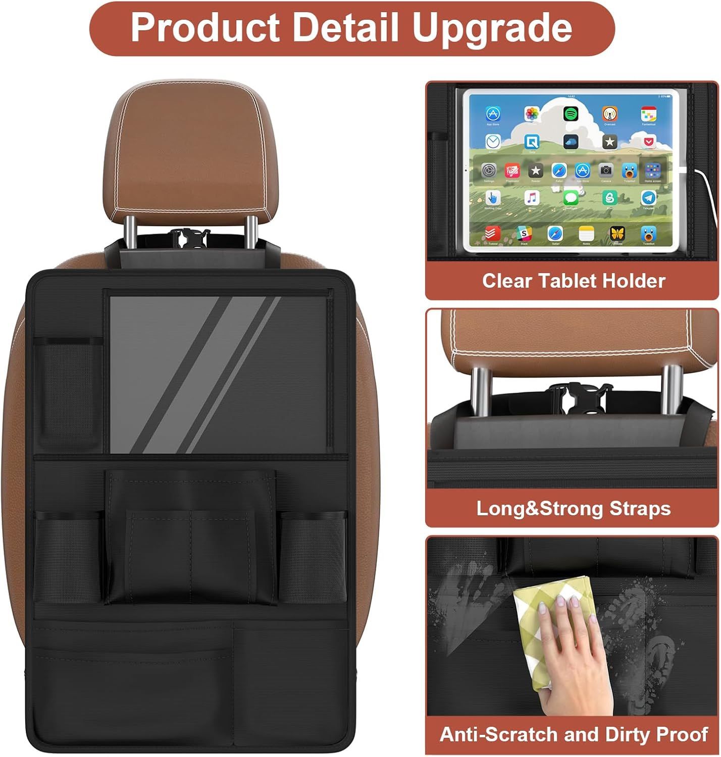 Backseat Car Organizer with Touch Screen,Kick Mats Back Seat Protector with 10 Storage Pockets,Car Seat Back Organizers Storage for Snacks Drinks Toy
