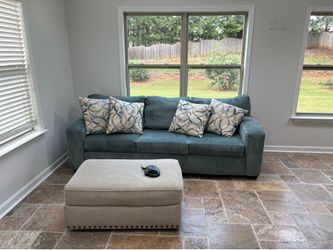 Teal Fabric Sofa with Accent Pillows