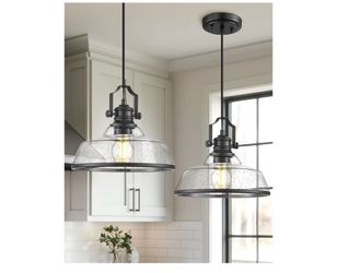 kudos 2 Pack Pendant Lights Kitchen Island, 11" Black Kitchen Island Lighting with Seeded Glass Shade, Farmhouse Large Hanging Light Fixture for Kitch