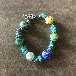 Beautiful Sterling Silver Murano Glass Beads With Turquoise 8” Vintage Toggle Bracelet-Not Marked-But TESTED 