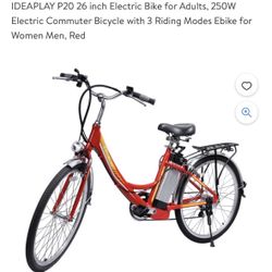 IDEAPLAY P20 26 inch Electric Bike for Adults, 250W Electric Commuter Bicycle with 3 Riding Modes Ebike for Women Men, Red