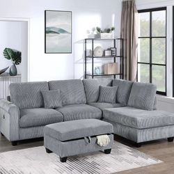 3-Piece Sectional Set
RAF Chaise + LAF Sofa W/ USB Port + Storage Ottoman

Color: Fog/Bonito Seccional De 3 Piezas Color Gris Nuevo En Caja 