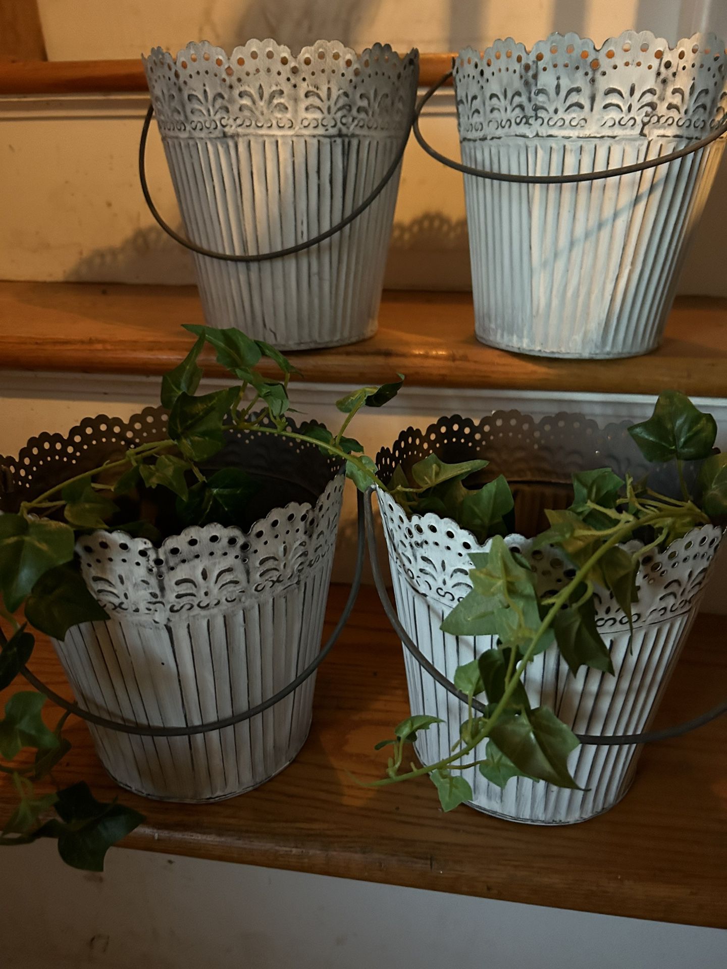 Set Of 4 Tin Whitewashed Buckets/Planters-NEW