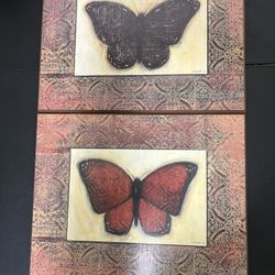 N. Wyatt Canada Butterfly Art Set Of 2 Red Black Prints On Wood Panels, 11x14”